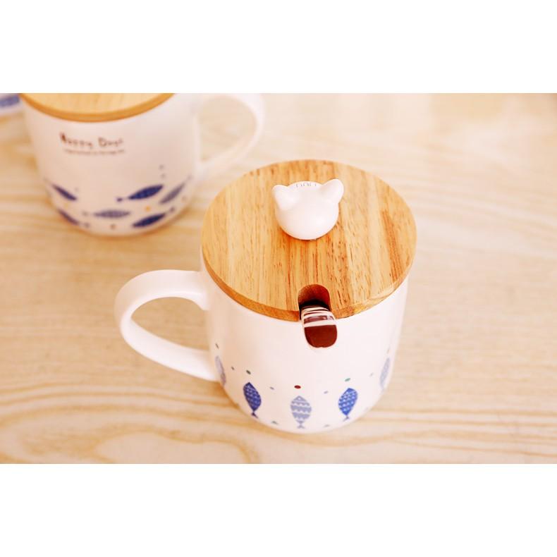Cốc sứ có kèm thìa và nắp mèo gỗ xinh xắn 400ml - LOẠI 1