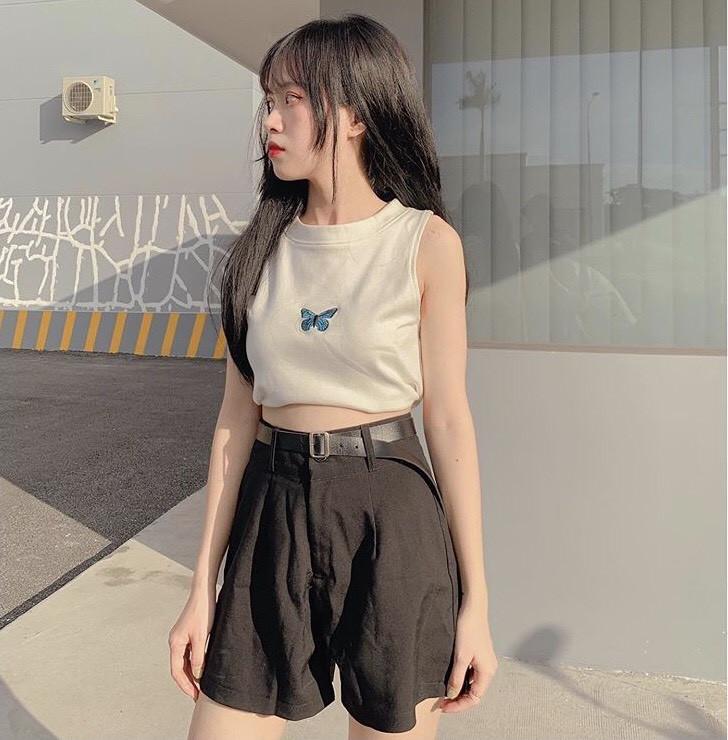 Áo croptop nữ 3 lỗ thêu bướm chất cotton mịn cực xinh