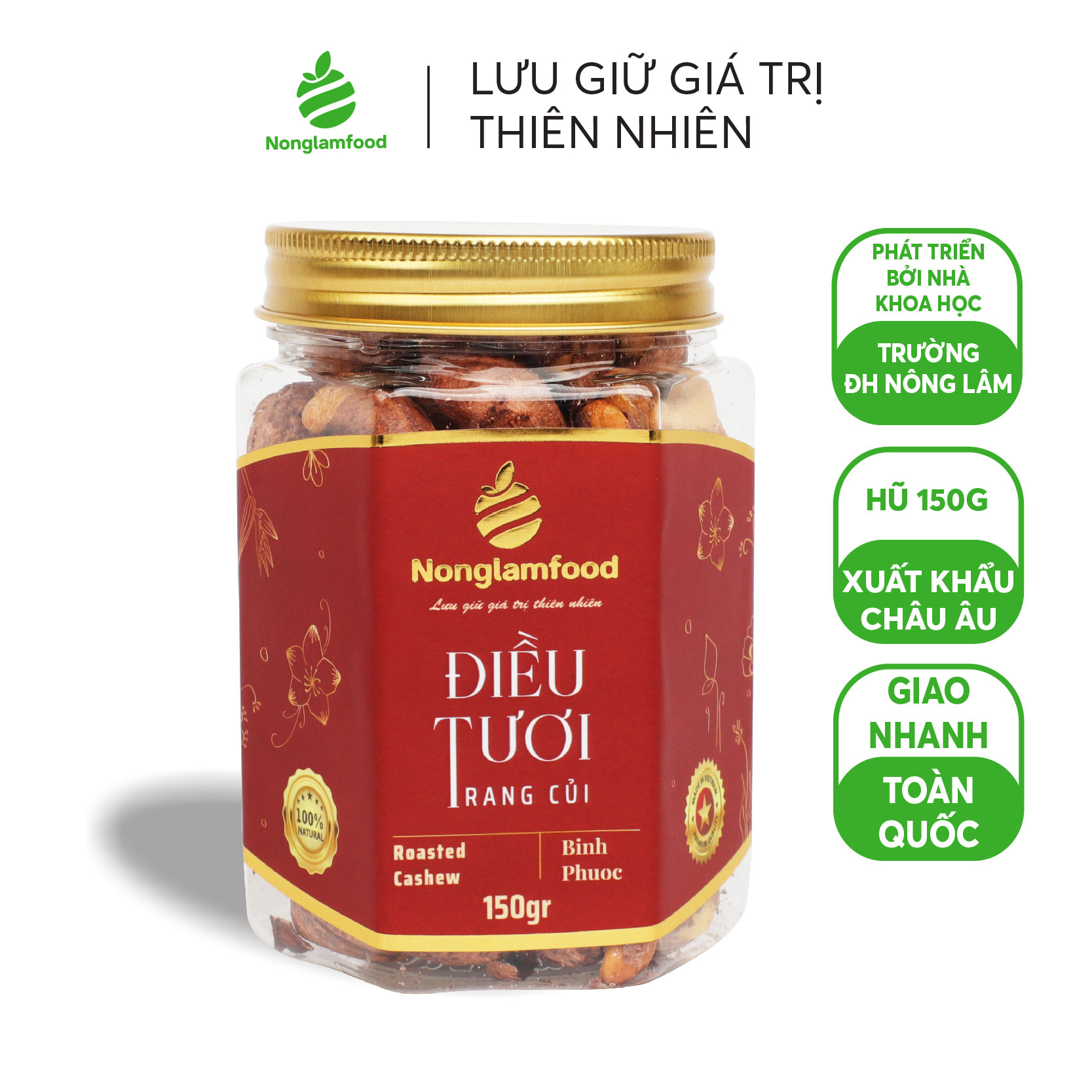 [HẠT MỨT TẾT 2024] Hạt điều tươi Bình Phước rang củi  Nonglamfood hũ 150g | Quà tặng cao cấp Xuân Giáp Thìn cho người thân, bạn bè, doanh nghiệp