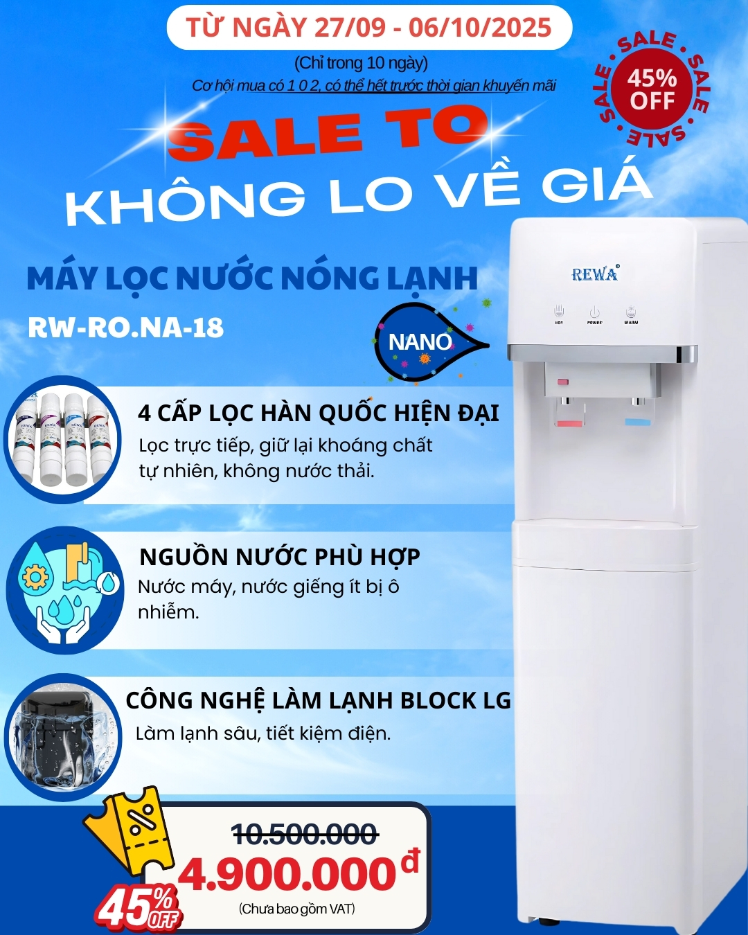 Máy Lọc Nước Nóng Lạnh Rewa RW-RO.NA-18 - Hàng Chính Hãng - Bảo Hành 12 Tháng