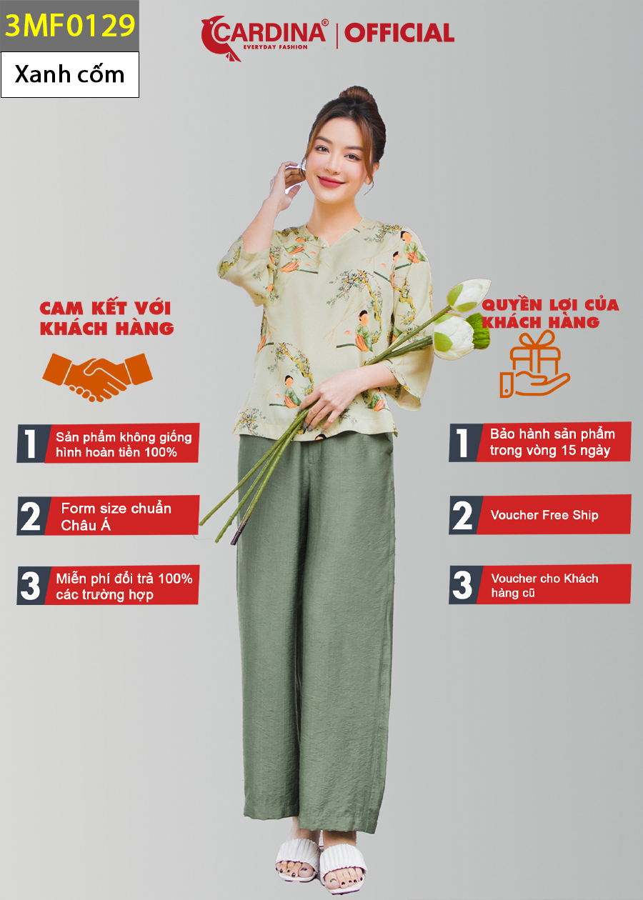 Đồ Bộ Nữ CARDINA Cao Cấp Bộ Đi Chùa Áo Lụa Mango Họa Tiết Cổ Tàu Tay Lỡ Quần Dài Chất Đũi Bamboo 3MF01