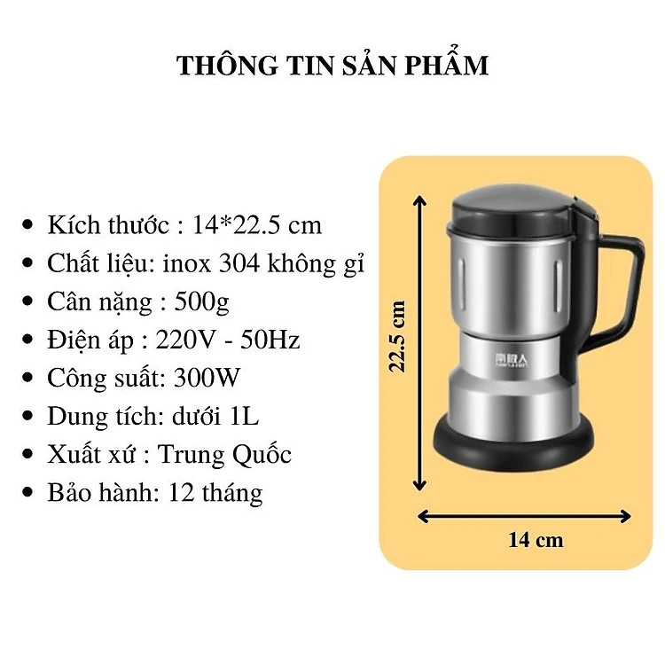 Máy Xay Hạt Khô Tiêu Chuẩn Châu Âu Máy Xay Ngũ Cốc Mini Công Suất 300w Lưỡi Dao 6 Cánh Thân Máy Bằng Thép Không Gỉ - Hàng Loại 1 - Chính Hãng DoDoDios