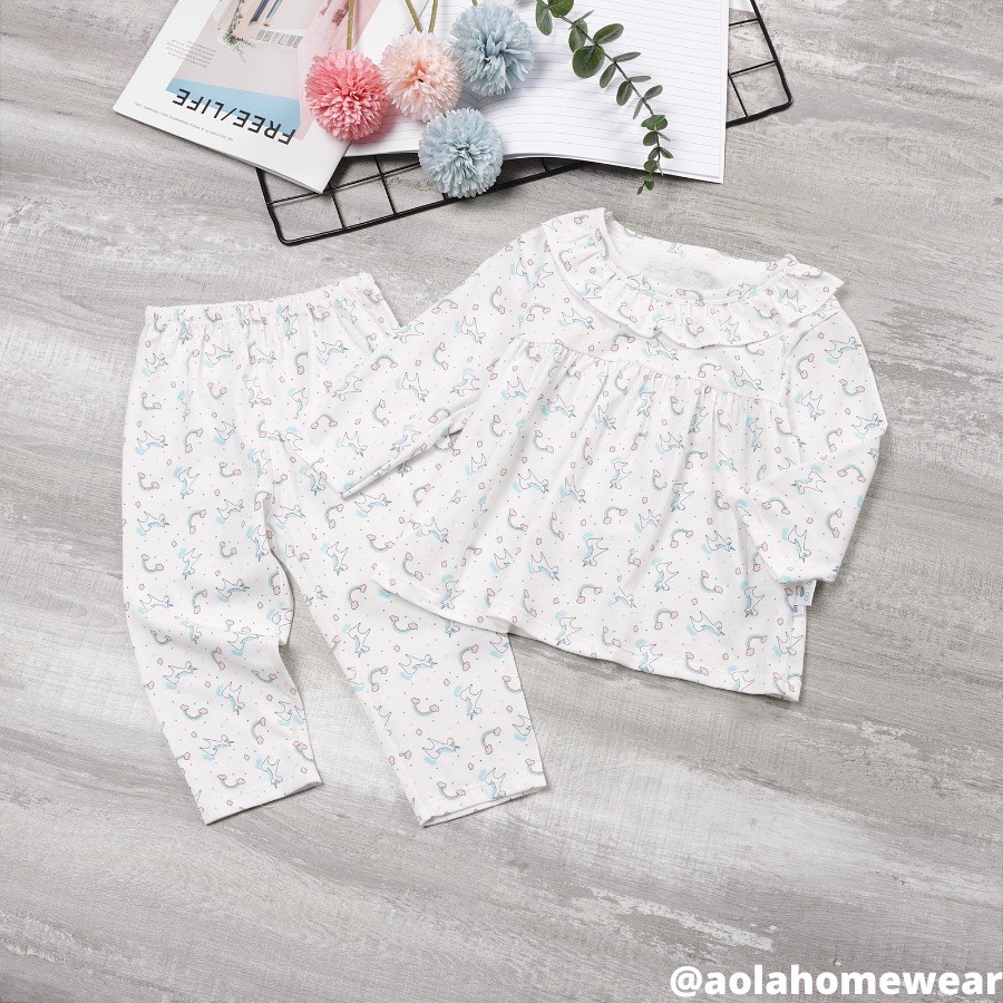 Bộ dài tay bé gái thun cotton mặc ngủ áo babydoll, pijama bé gái cổ bèo họa tiết hoa nhí kỳ lân Áo Lá Homewear A001