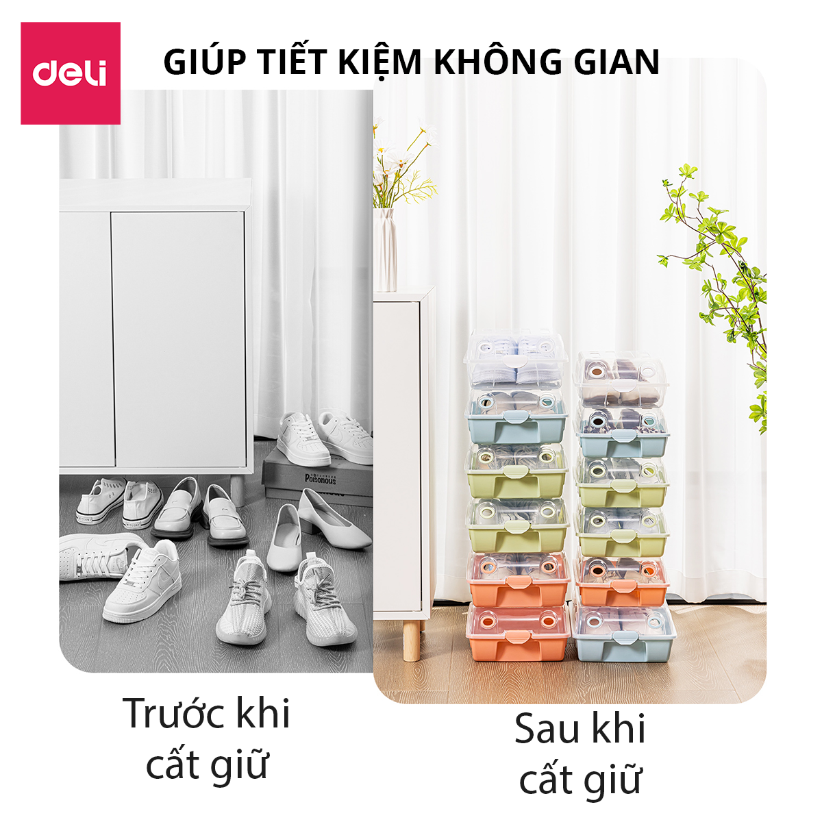 Hộp Nhựa Đựng Giày Trong Suốt Có Nắp Đậy Nhiều Màu Thông Minh Tiện Lợi Deli - Hộp Đựng Giày Nhựa PP Dẻo Chịu Lực Nhiều Size Có Thể Xếp Chồng