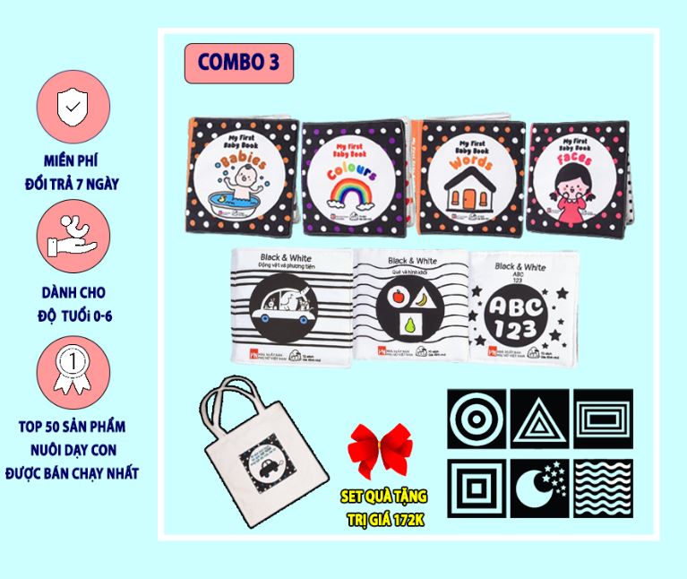 Combo sách vải My First Baby Book ( 4 cuốn) &amp; Black &amp; white (3 cuốn) - Tặng túi vải và tranh decal kích thích thị giác: đen