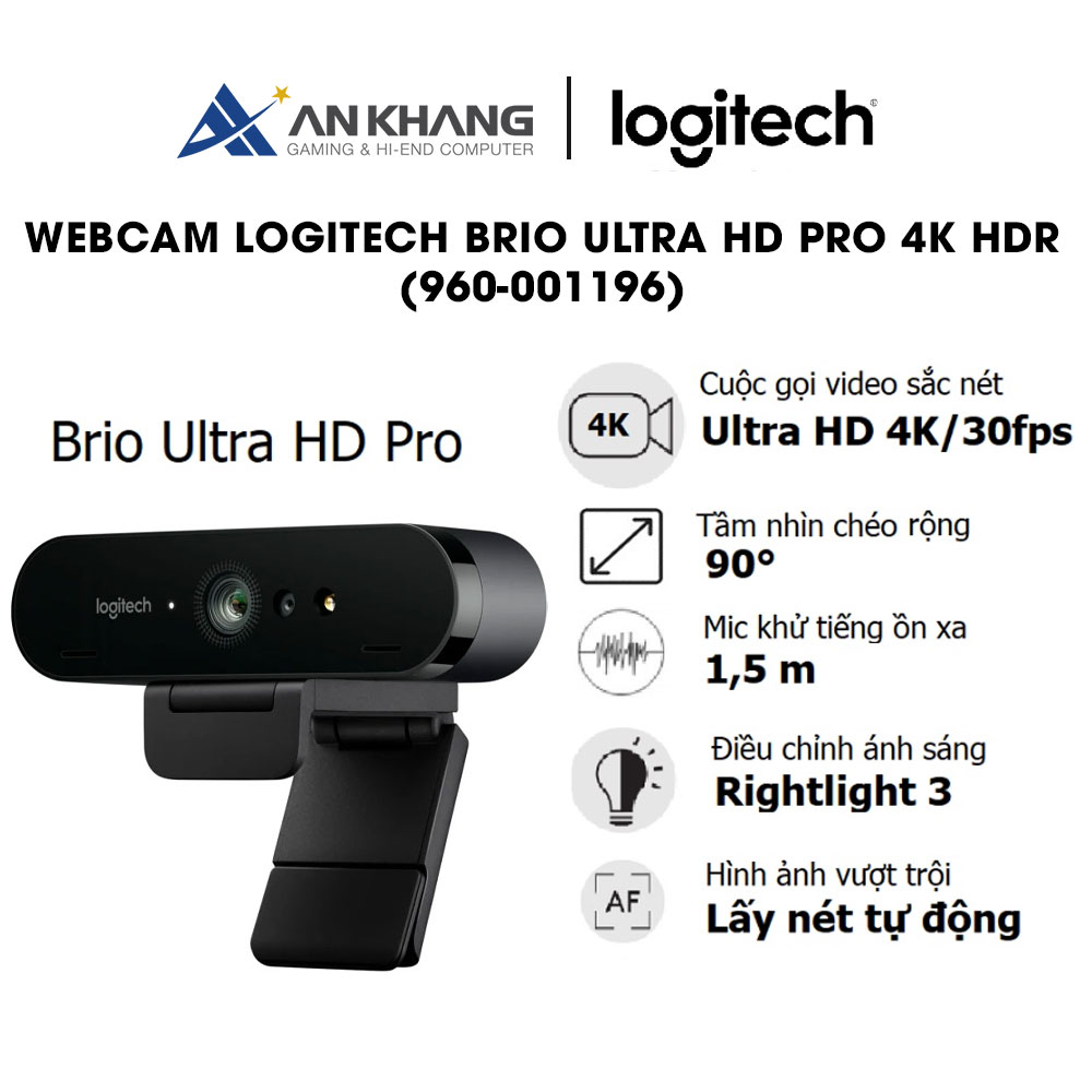 Webcam Logitech BRIO - 4K Ultra HD (960-001196), tự động chỉnh sáng &amp; lấy nét, mic kép to rõ loại bỏ tiếng ồn, góc rộng 78 độ - Hàng chính hãng