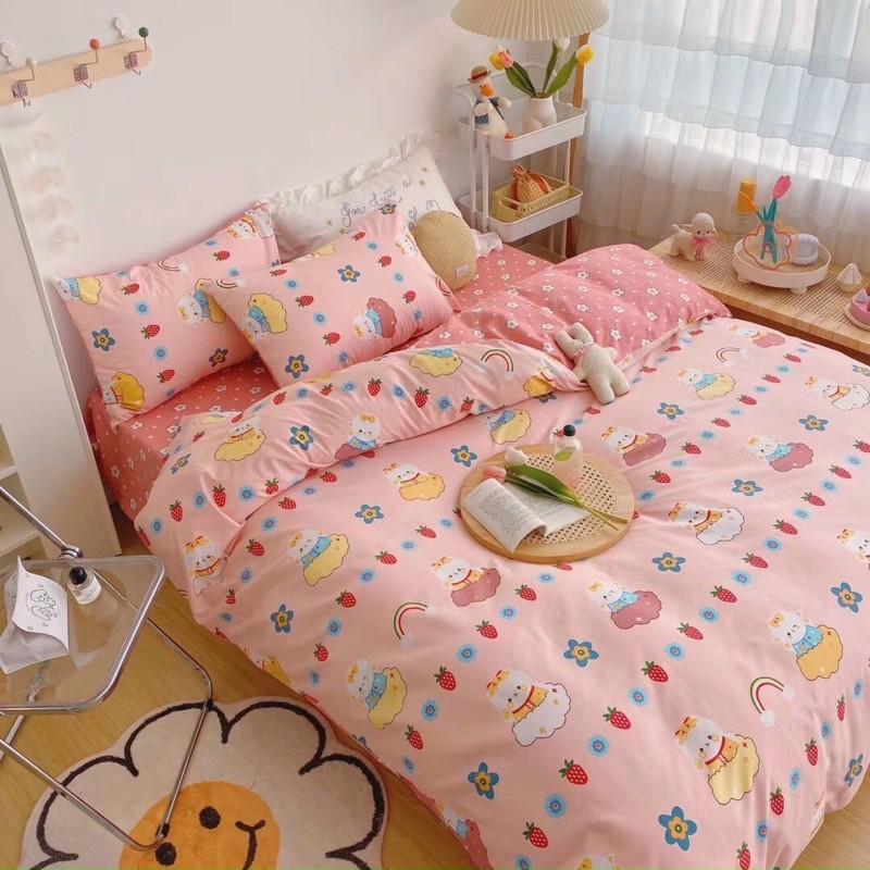 Bộ Chăn Ga Gối Cotton Living 100%côtton Hàng Nhập Khẩu Cao Cấp 4 Món Thỏ Hồng
