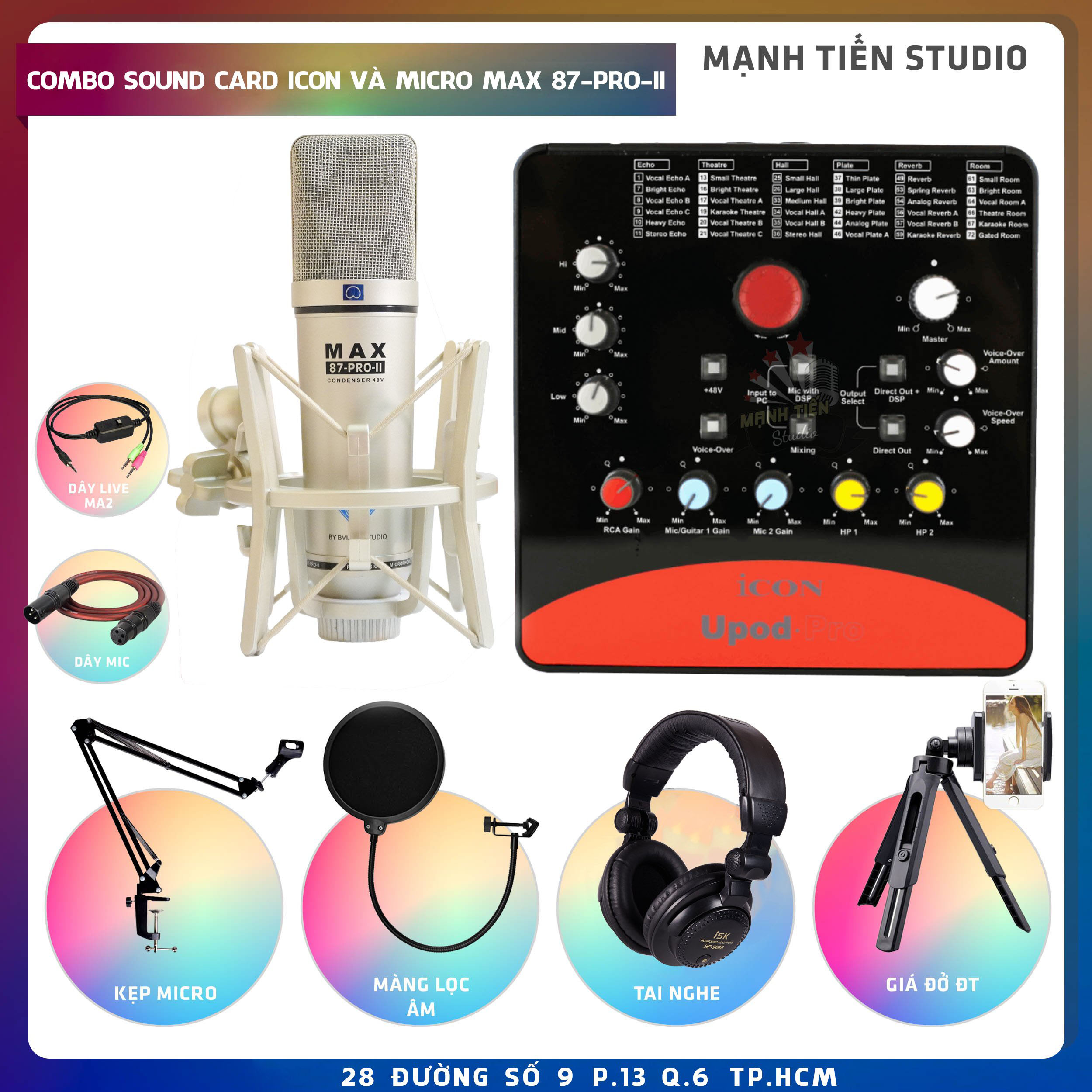 Combo thu âm, livestream Micro Max 87-Pro-II, Sound card Icon Upod Pro - Kèm full phụ kiện kẹp micro, màng lọc, tai nghe, giá đỡ ĐT, dây canon, dây ma2 - Hỗ trợ thu âm, karaoke online chuyên nghiệp - Hàng nhập khẩu