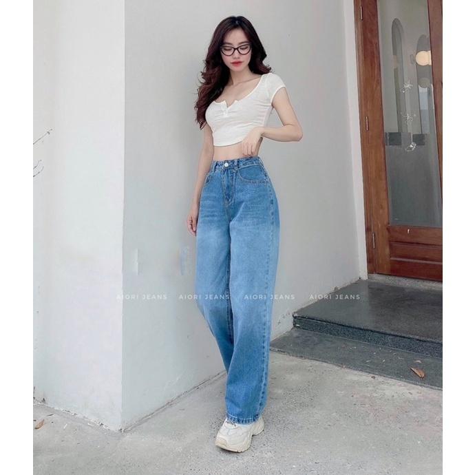 Quần Jeans Nữ, Quần Bò Nữ Aiori Ống Rộng Cạp Cao Loang Màu Bò Suông Phong Cách Thời Trang Hàn Quốc_Mã 3359