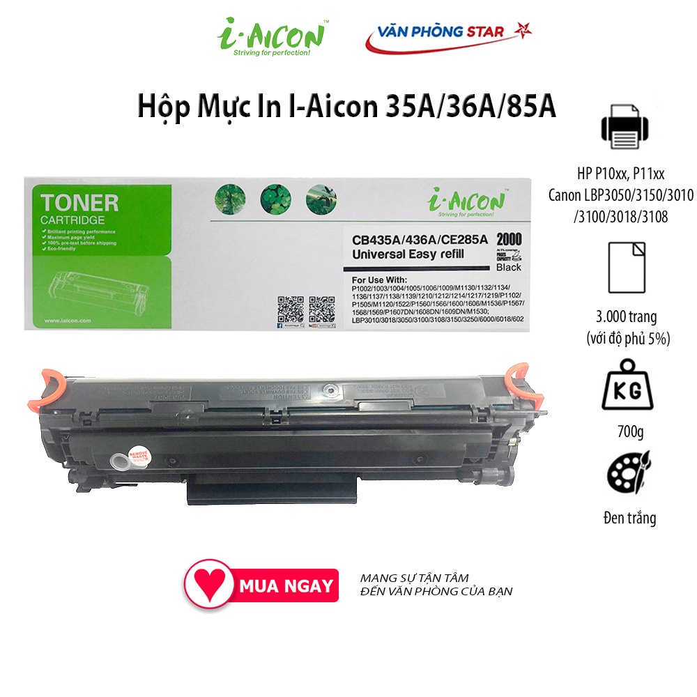 [hàng chính hãng] Hộp mực 35a/36A/85A thương hiệu I.aicon mã mực 35a/36A/85A dành cho máy in  HP/Canon 125/312/313/325/712/713 chất lượng bản in đẹp, tương thích tốt