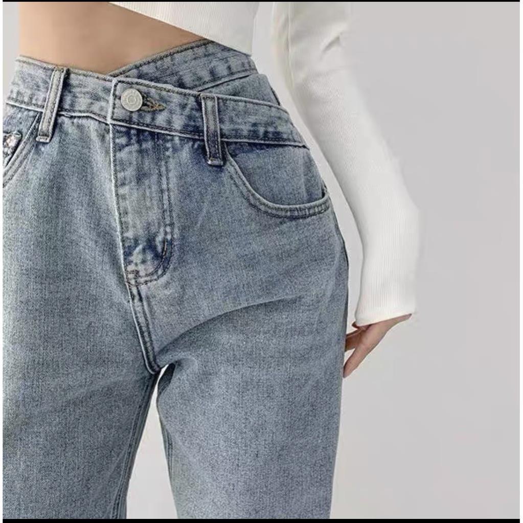 Quần Jeans Ống Rộng Xanh - Quần Ống Rộng Nữ Dáng Suông 1 Cúc Cạp Chéo Ulzzang