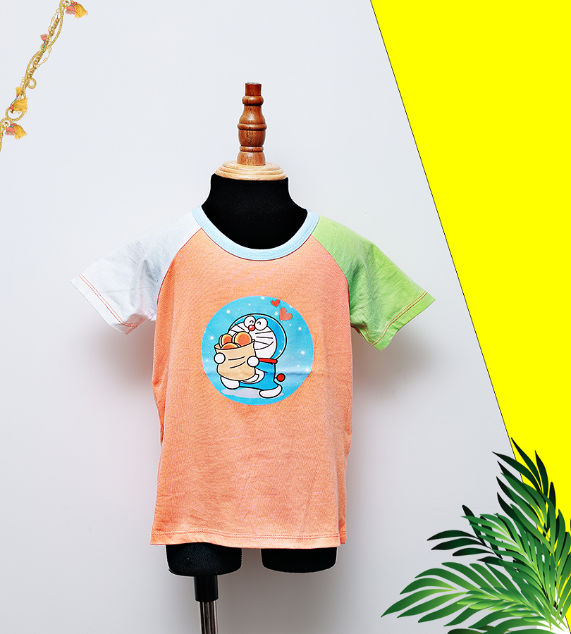 ÁO T - SHIRT UNISEX PHỐI TAY RAGLAN IN DOREMON CAM