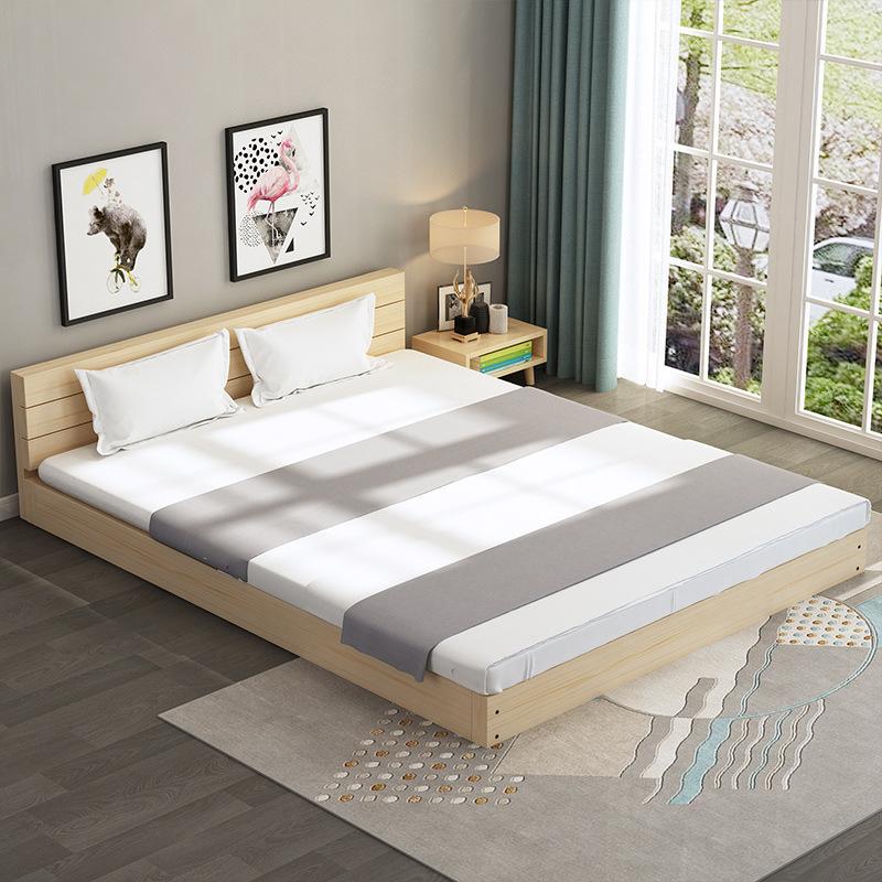 Phong cách mới nhất giường tatami gỗ đặc đơn giản Giường thấp 1,8m Giường phòng cho thuê 1,5m Giường gỗ đặc kinh tế Giường đơn 1,2m