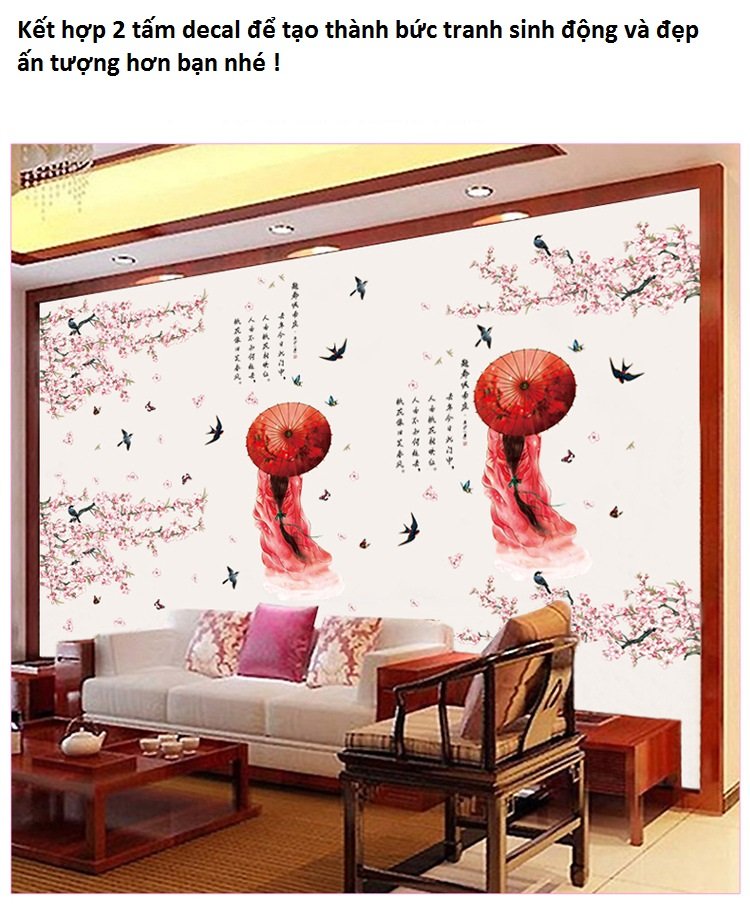 Decal dán tường hoa đào cô gái cổ trang