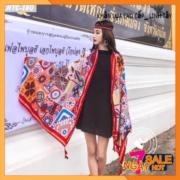 Khăn Boho Khăn Choàng Nữ Đi Biển Chống Nắng Khăn Thổ Cẩm Khăn Lụa Du Lịch Màu Đỏ Cao Cấp Linh Tây 180*90