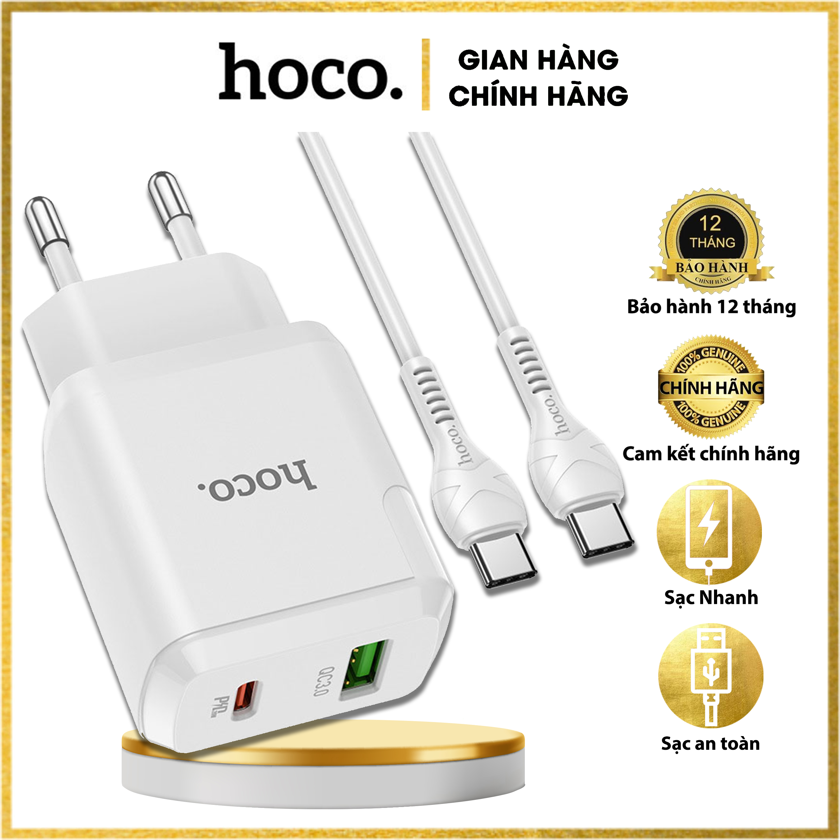 Củ sạc nhanh Hoco N5 (QC, PD 20W) cho android,iphone - chất liệu PC chống cháy - Phích cắm EU ( chân tròn) - Hàng chính hãng