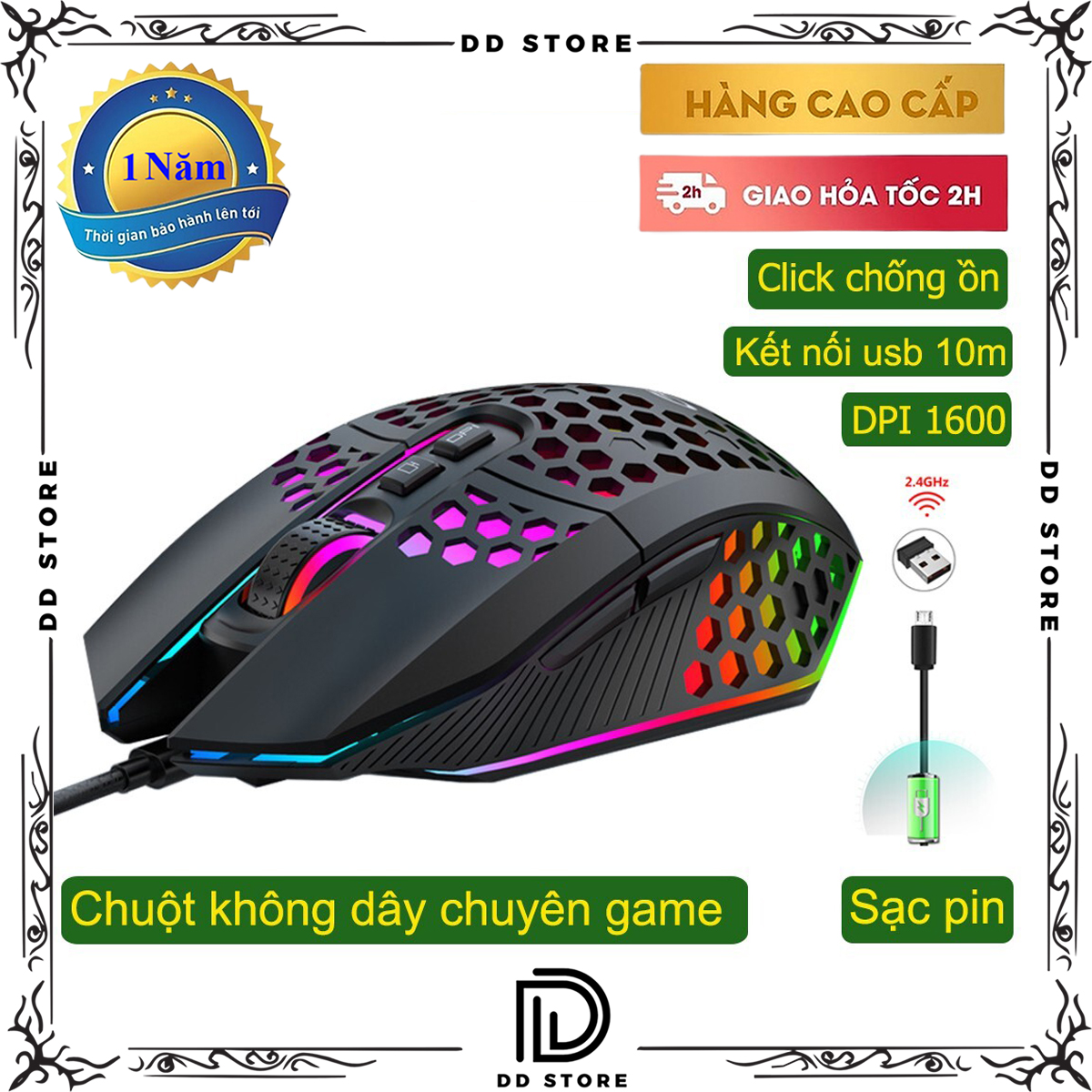 Chuột không dây chơi game KBM 113-X801 thiết kế độc lạ Led RGB đổi màu click chống ồn DPI 1600 - Hàng chính hãng