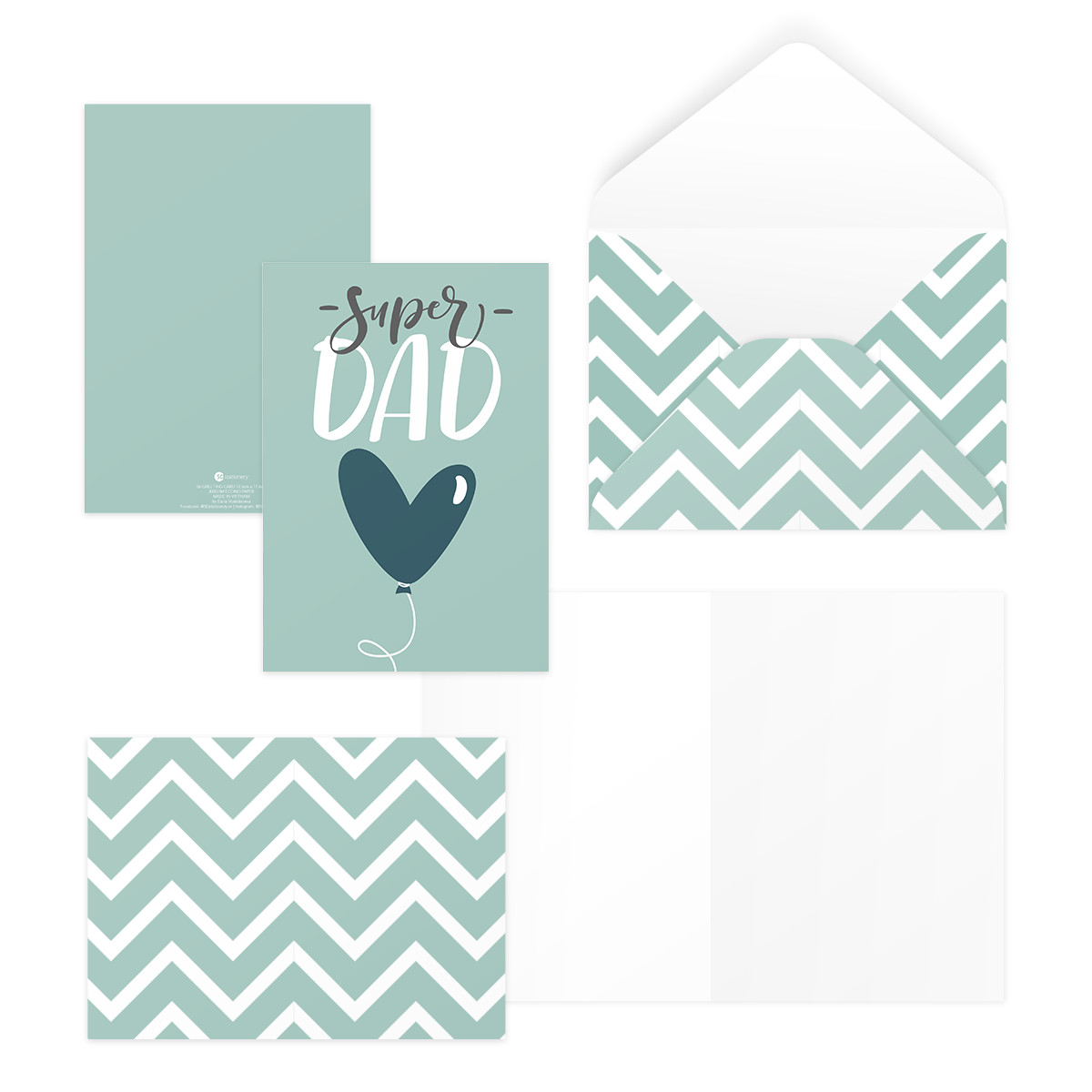 Bộ 4 thiệp 12,5x17,6 SDstationery TEAL LOVE FOR DAD pattern trái tim typography tặng bố ngày của cha father’s day,Vu Lan