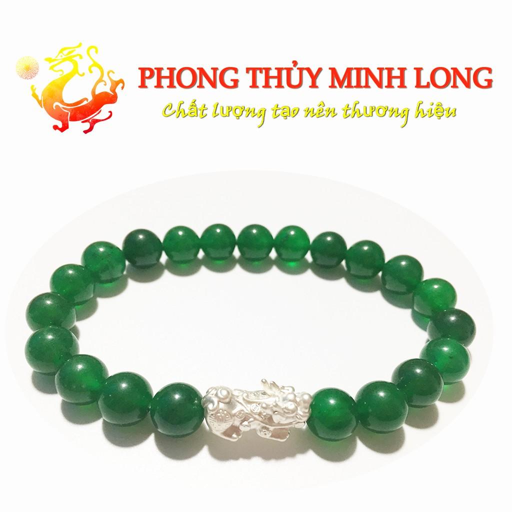 Vòng đá Mã Não Xanh chất lượng 3A mix tỳ hưu Bạc hợp với người mệnh Hỏa và Mộc