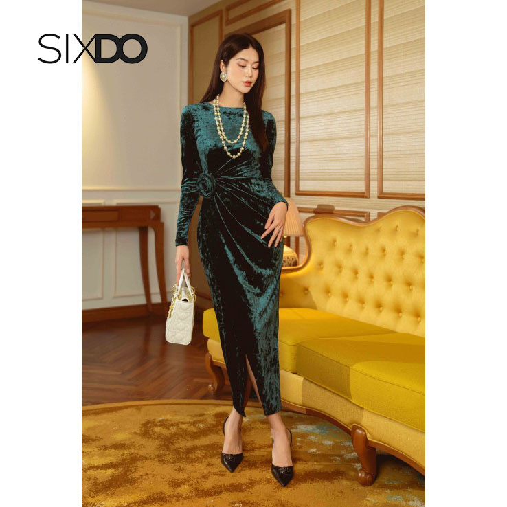 Đầm nhung nhún eo sang trọng thời trang nữ SIXDO