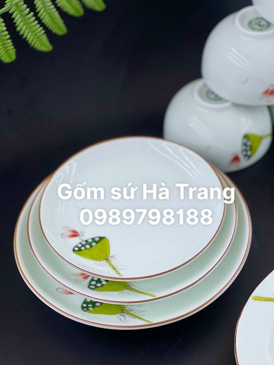 Bộ bát đĩa gốm sứ Bát Tràng cao cấp men ngọc vẽ chuồn ngự đài sen 01