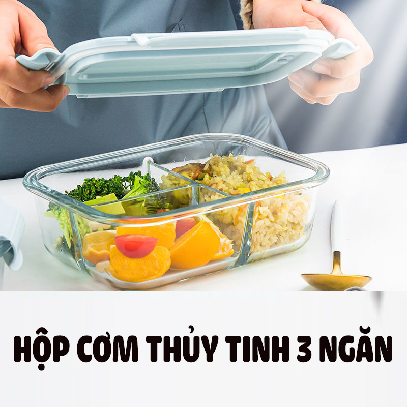 Hộp Cơm Thủy Tinh 3 Ngăn 1050 ml + Thố Canh Thủy Tinh tròn 600ml phong cách Nhật Bản cực kì tiện lợi
