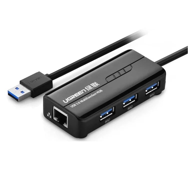 Cáp chuyển đổi USB 3.0 Sang 1*Lan RJ45 hổ trợ 1Gbps, 3*USB 3.0 dây dài 30cm màu Đen Ugreen UNW20265CR103 hàng chính hãng