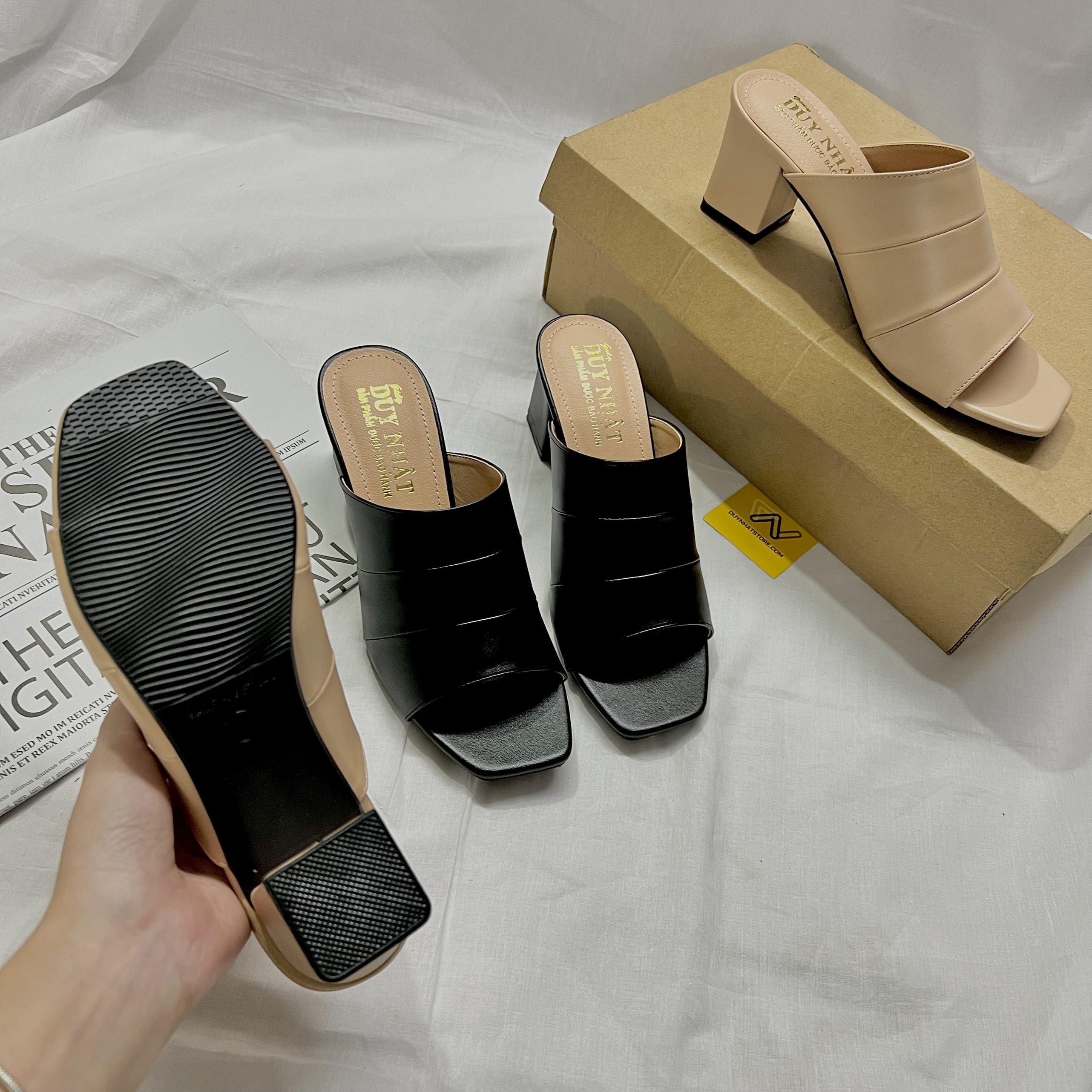 Dép Cao Gót Quai Ngang Giày Duy Nhật Store Phối Da Mờ Chữ H Trơn Bảng To Gót Mũi Vuông Đẹp Cao Cấp 5cm Đen Trung Niên