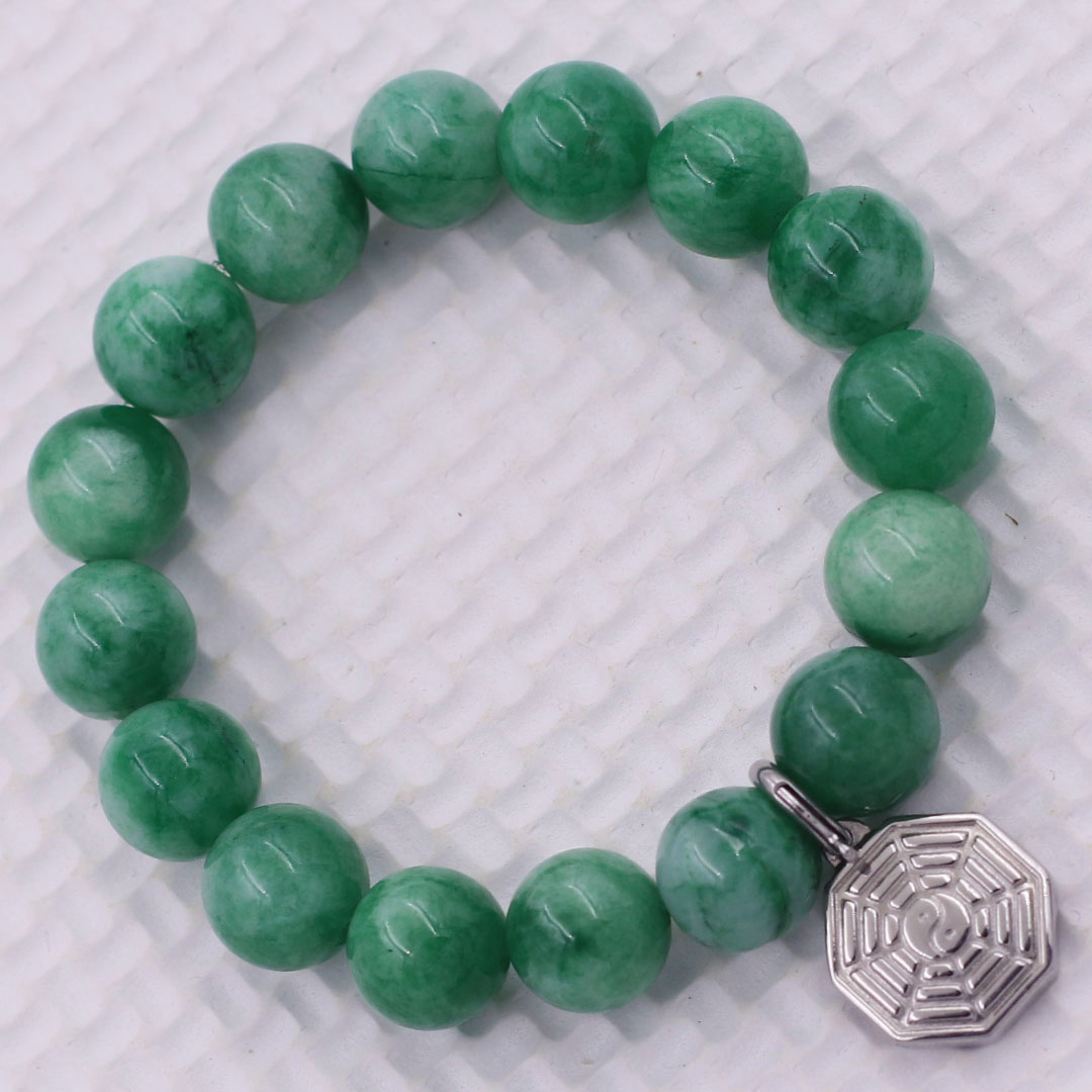 Vòng chuỗi đeo tay đá cẩm thạch xanh charm bát quái inox, vòng tay hạt chuỗi, vòng chuỗi phong thủy, vòng tay nam nữ