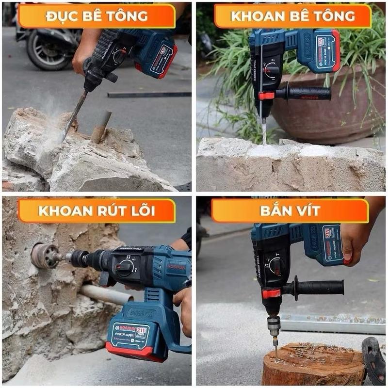 Máy Khoan Đục Bê Tông 3 Chức Năng Boshun 21V, Pin 15 cell 100% Ruột Động, Động Cơ Không Chổi Than