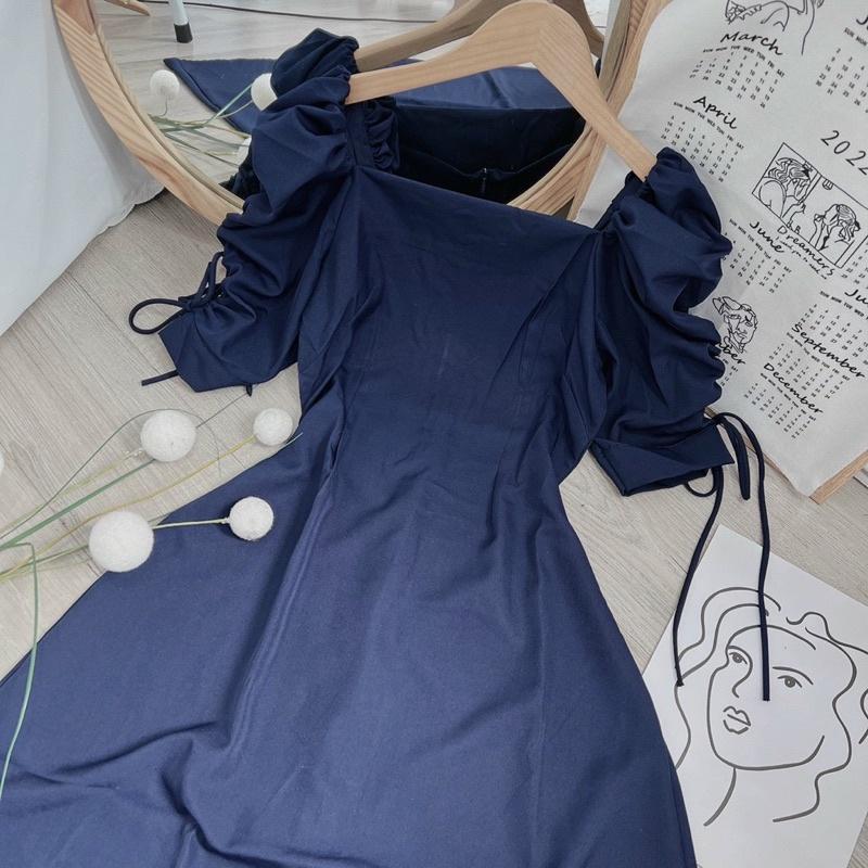 Đầm midi xanh navy tay rút phồng