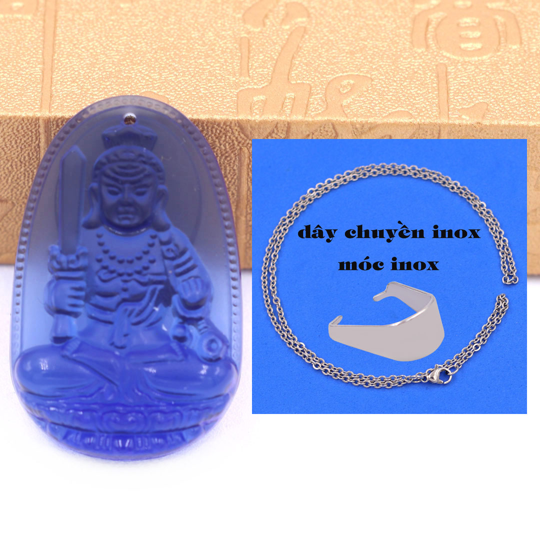 Mặt Phật Bất động minh vương 5 cm thuỷ tinh xanh dương kèm móc và dây chuyền inox, Mặt Phật bản mệnh