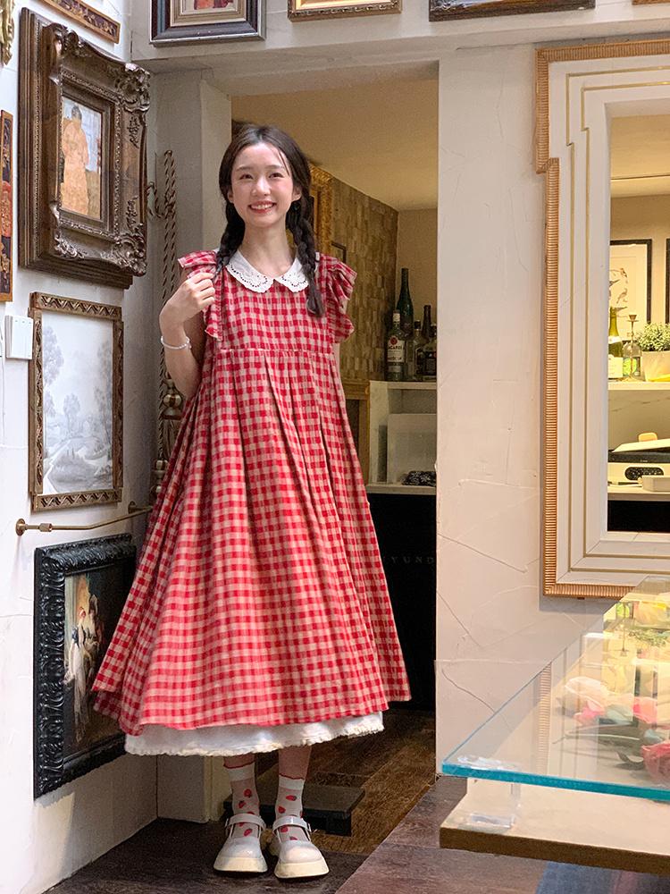 CHENGRUI Vintage búp bê cổ cherry thêu đầm mùa hè 2023 lỏng lẻo ngọt ngào thiết kế cảm giác váy sọc đỏ