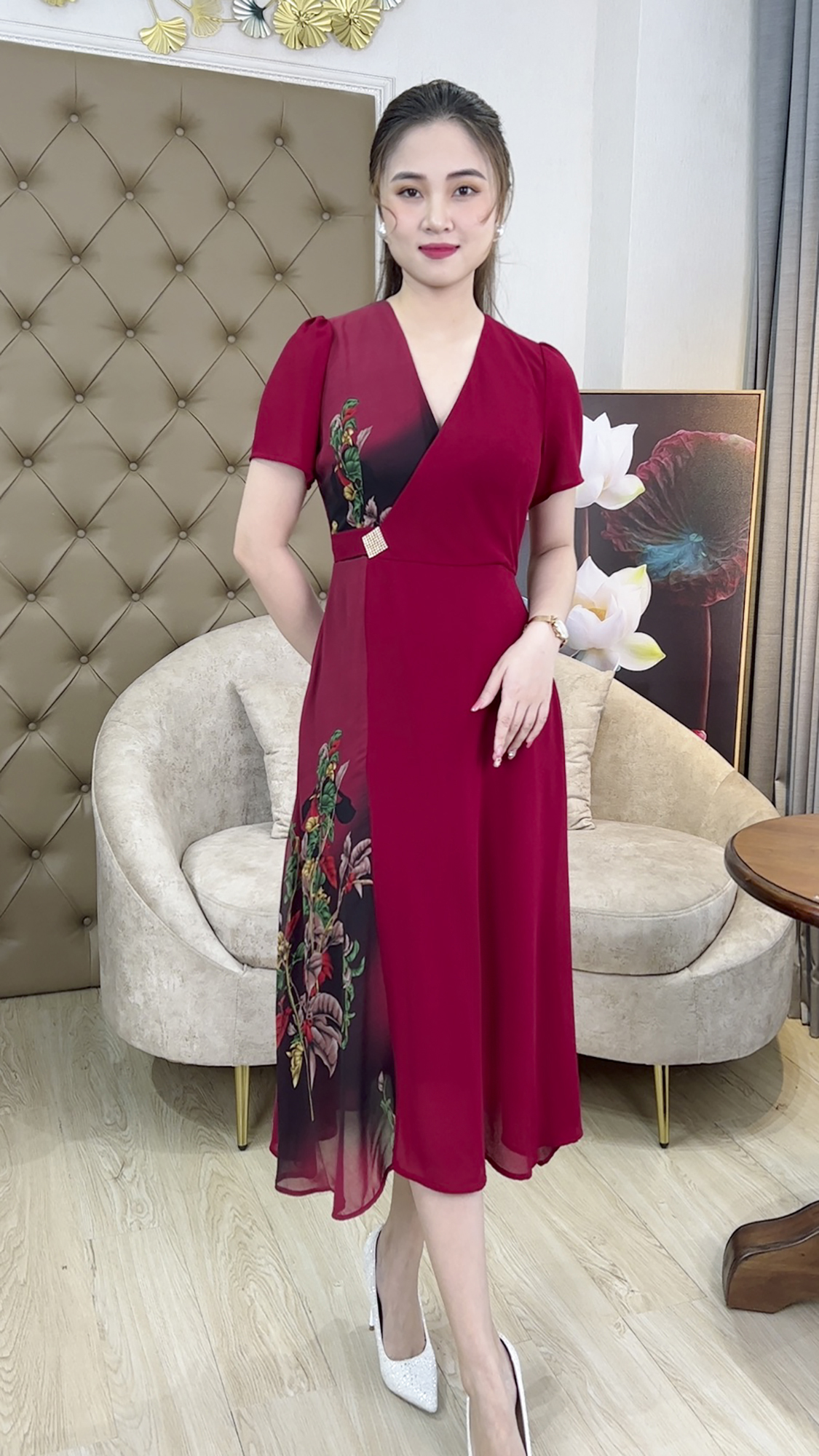 Đầm Đi Tiệc Trung Niên [ Linh Trà ] (TM 392) Cao Cấp Trẻ Trung Họa Tiết Sang Trọng Đi Làm Đi Tiệc