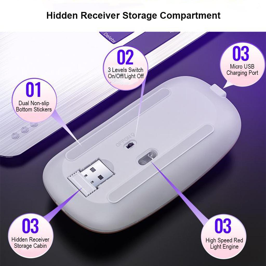 2Pcs Wireless Bluetooth Mouse Rechargeable LED Backlit Less Noise Portable