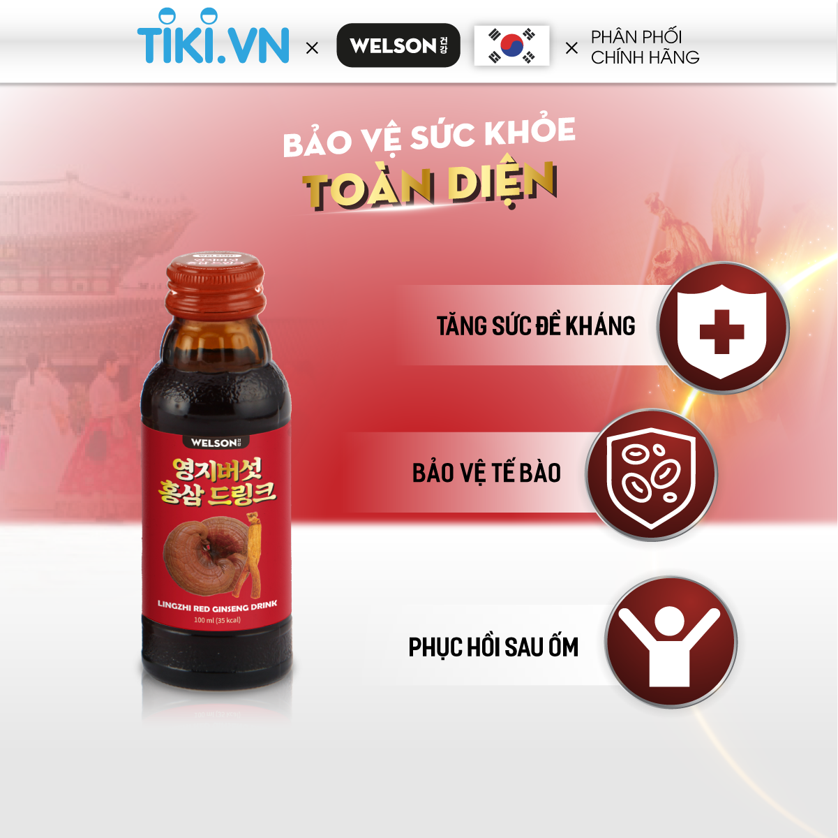 Linh Chi và Hồng Sâm Hàn Quốc Tăng Sức Đề Kháng Welson Lingzhi Red Ginseng hộp 10 chai x 100ml