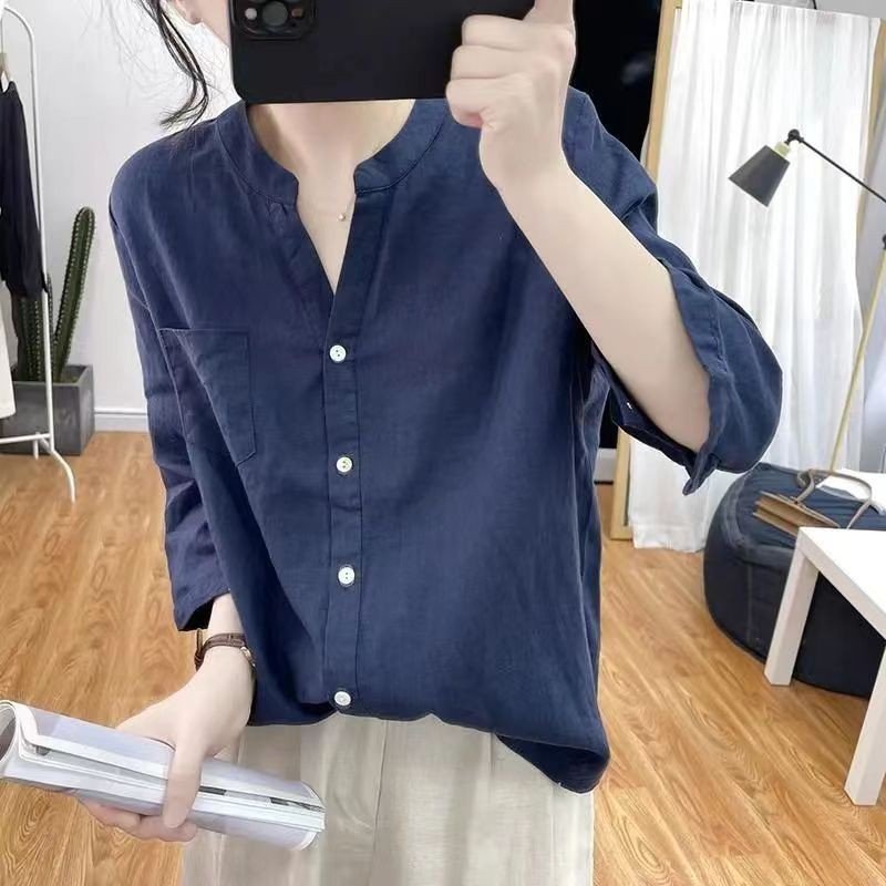 Áo sơ mi nữ cổ tàu tay lỡ, chất đũi mềm mát, màu sắc trẻ trung cho nữ Sm200