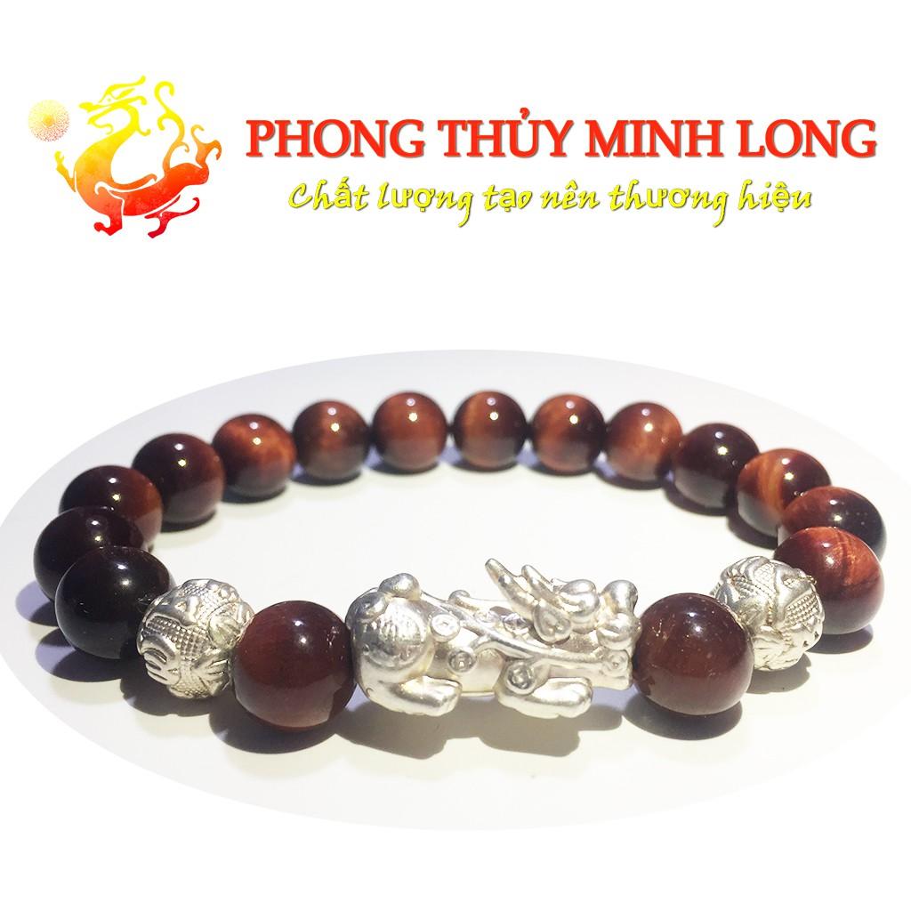 Vòng tay đá mắt hổ Đỏ Nâu chất lượng 5A mix Tỳ Hưu và 2 hạt kim tiền Bạc hợp mệnh Hỏa và Thổ