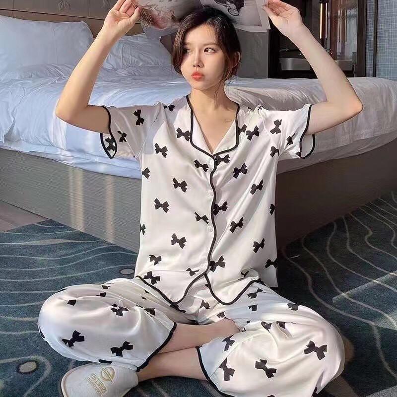 Bộ đồ ngủ lụa Pijama cao cấp họa tiết nơ xinh xắn