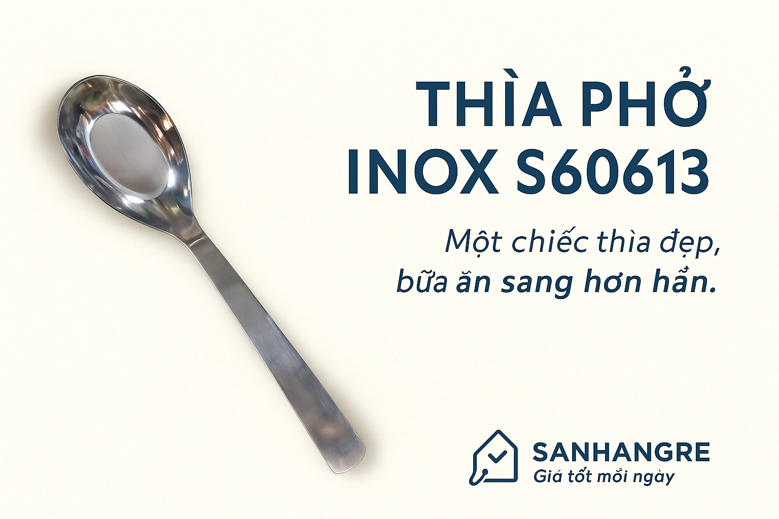 Thìa phở inox cao cấp SHR S60613 dài 16.5x4.6cm đáy phẳng - Combo 5 chiếc