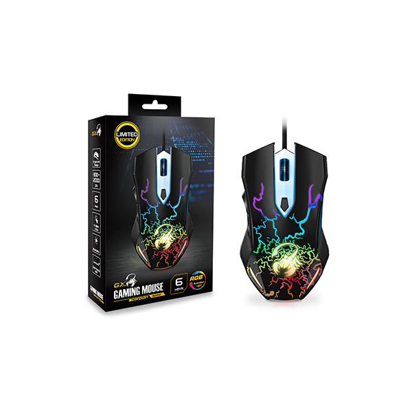 Chuột gaming có dây Genius Scorpion Spear màu đen - nhẹ, 6 nút lập trình, công thái học, đèn LED, DPI 2000, Hàng chính hãng, Bảo hành 1 năm