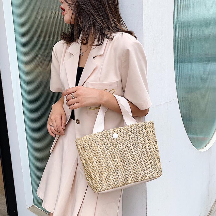 Túi xách nữ dễ thương NASI T1045 vải cói pu cầm tay đẹp túi tote đeo vai có nút bấm thời trang cho nữ công sở, học sinh