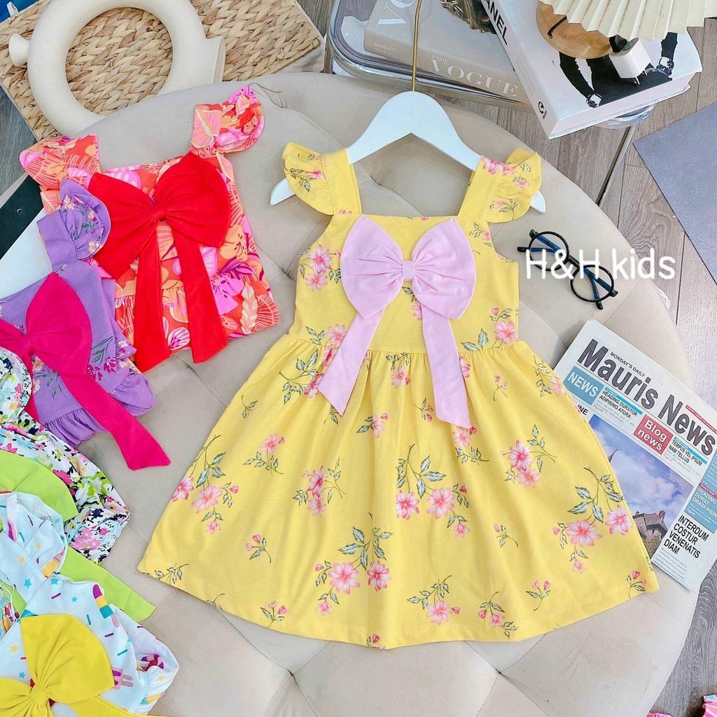 Đầm váy cotton xuất 2 dây bảng to và 2 dây cánh tiên nơ to trước ngực cho bé gái