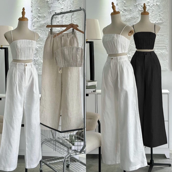SET ÁO CROPTOP 2 DÂY CỔ U ÔM BODY XẾP LY + QUẦN ỐNG RỘNG LƯNG CAO SUÔNG TRƠN ĐI BIỂN ĐI CHƠI DẠO PHỐ ĐI TIỆC