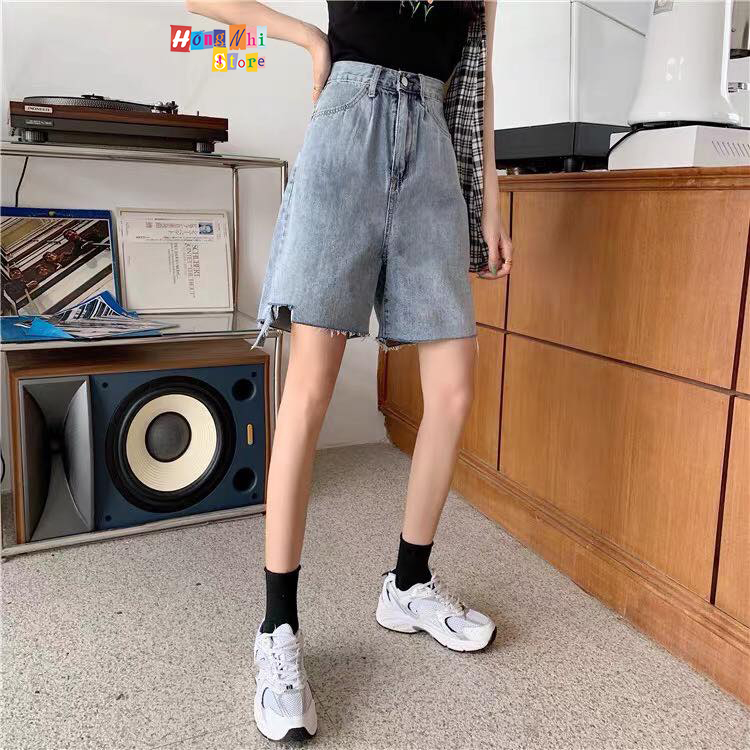 Quần Short Jean Ngố Đùi Rách Tưa Lai Cạp Cao Ống Rộng Ulzzang - MM