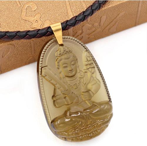 Dây chuyền mặt Hư Không Tạng Bồ Tát thạch anh khói 5cm + dây da - phật bản mệnh tuổi Sửu, tuổi Dần