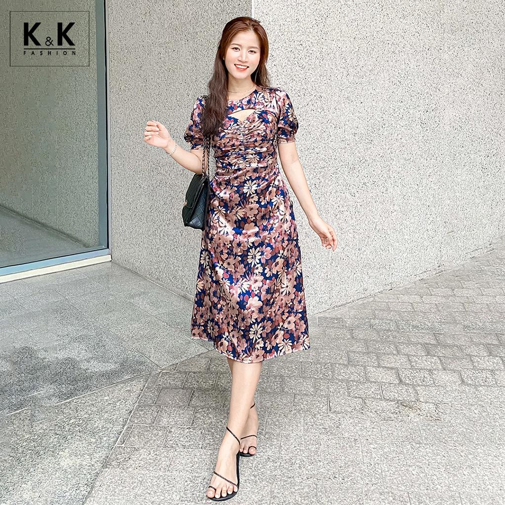 Đầm Hoa Midi Dáng Xòe Nhún Ngực K&amp;K Fashion KK120-32 Chất Liệu Lụa