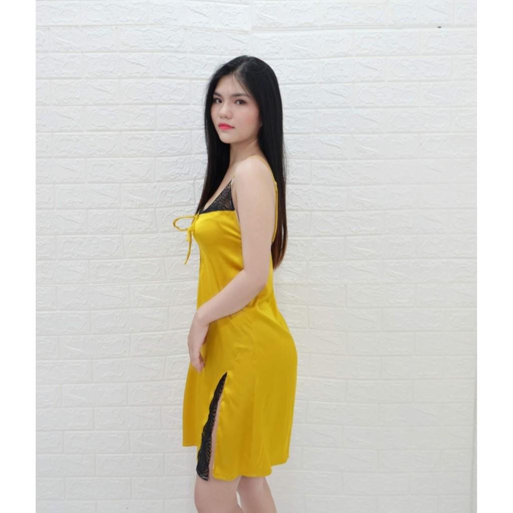 Váy ngủ lụa xẻ tà sexy ,sang trọng kèm chip ren gợi cảm