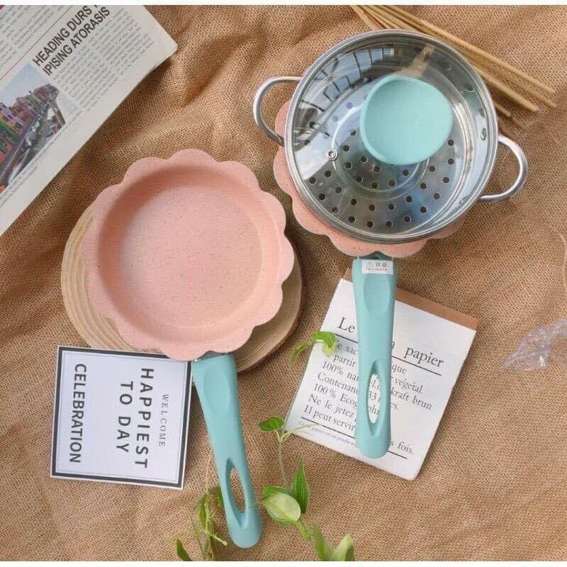 Nồi Chảo Đá Chống Dính Hình Hoa Kèm Xửng Hấp Nấu Đồ Ăn Dặm Cho Bé, Bộ Nồi Chảo Đa Năng Nấu Đồ Ăn Dặm Cho Bé