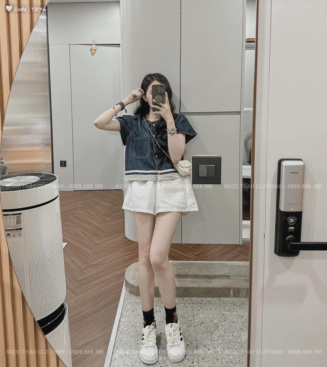 SET ĐI CHƠI, SET 2 MÓN ÁO SƠ MI JEAN TAY NGẮN VIỀN REN PHỐI QUẦN ĐÙI CỰC XINH IU